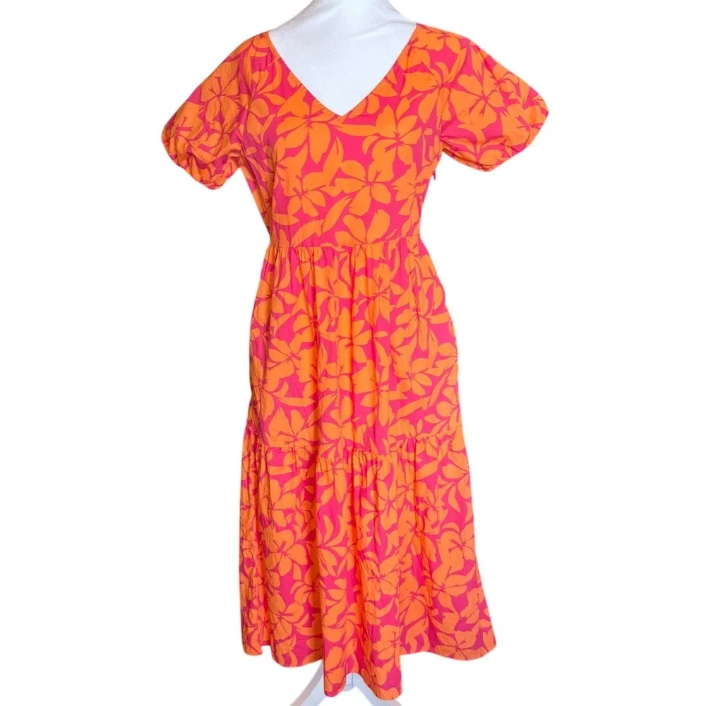 J.Crew Re-Imagined Orange Pink Floral Tiered Midi Dress V-Neck‎ Puff Sleeve